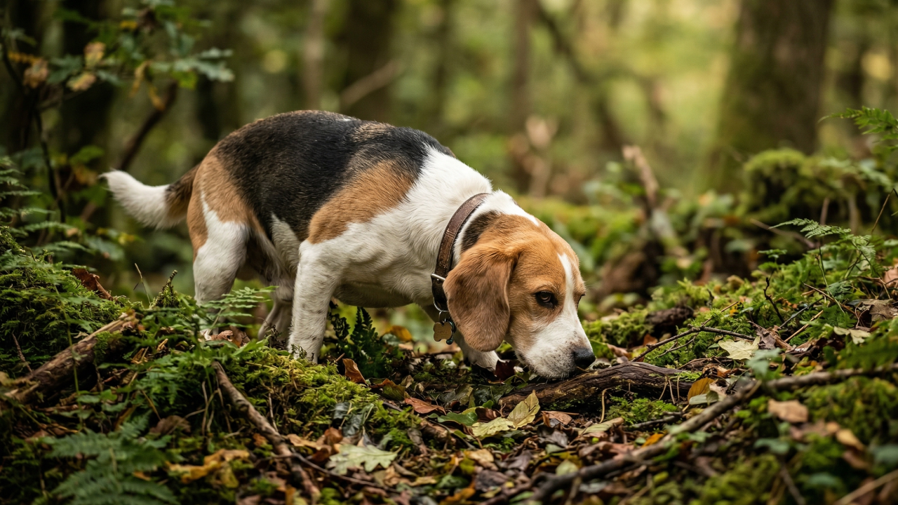 Pies rasy Beagle z nosem przy ziemi intensywnie węszy na leśnej ścieżce, prezentując swój niezwykły węch