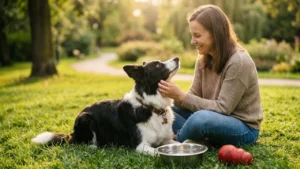 Uśmiechnięty pies rasy Border Collie siedzący obok swojego właściciela na trawie, patrzący z zaufaniem w jego stronę
