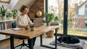 Kobieta pracująca na laptopie w domu, a obok niej na dywanie spokojnie śpi zaadoptowany pies, symbolizujący dobre dopasowanie do trybu życia